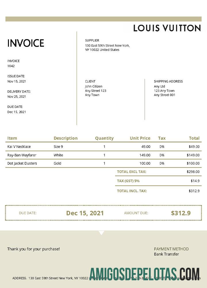 em branco Modelo de fatura Louis Vuitton dos EUA